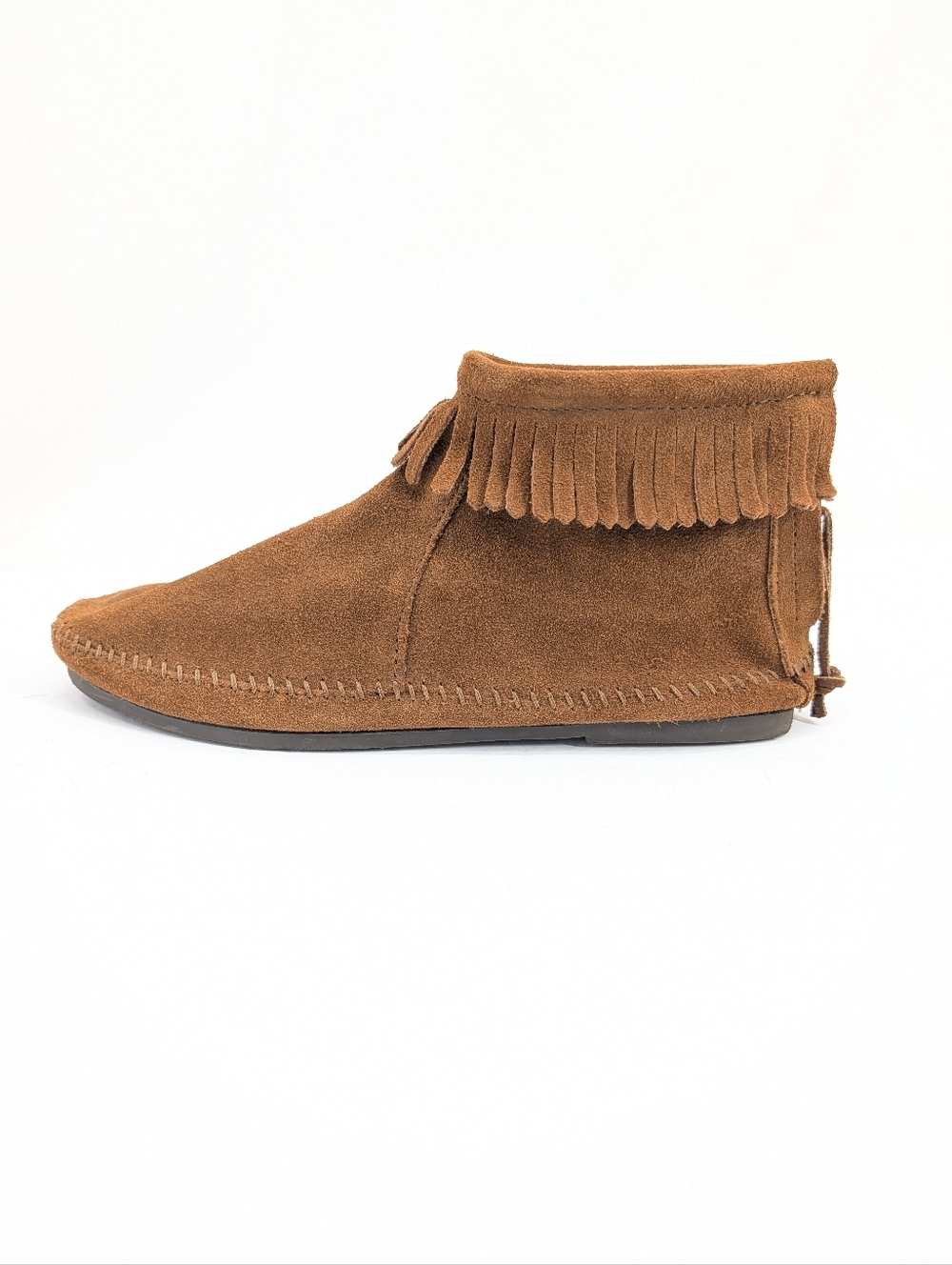 Minnetonka Womens Backzip Hardsole Ankle Leather Fringe Moccasin Boots 11 Tan